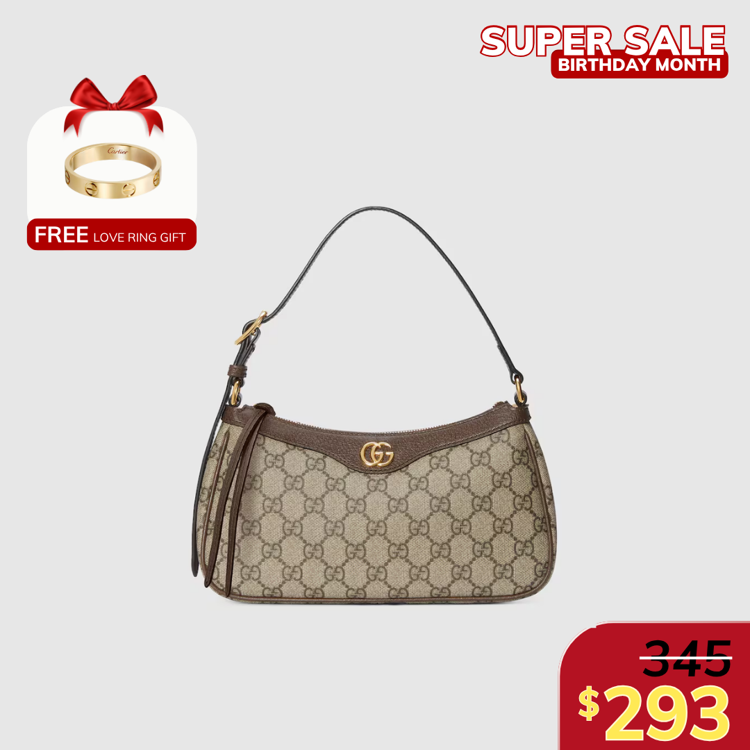 OPHIDIA SMALL SHOULDER BAG, BROWN LEATHER TRIM – BEIGE AND DARK BROWN