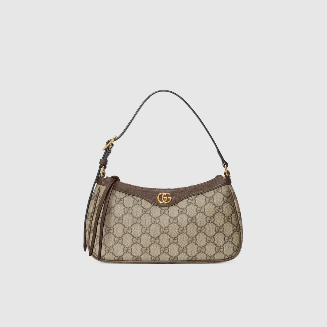 SMALL SHOULDER BAG, BROWN LEATHER TRIM – BEIGE AND DARK BROWN