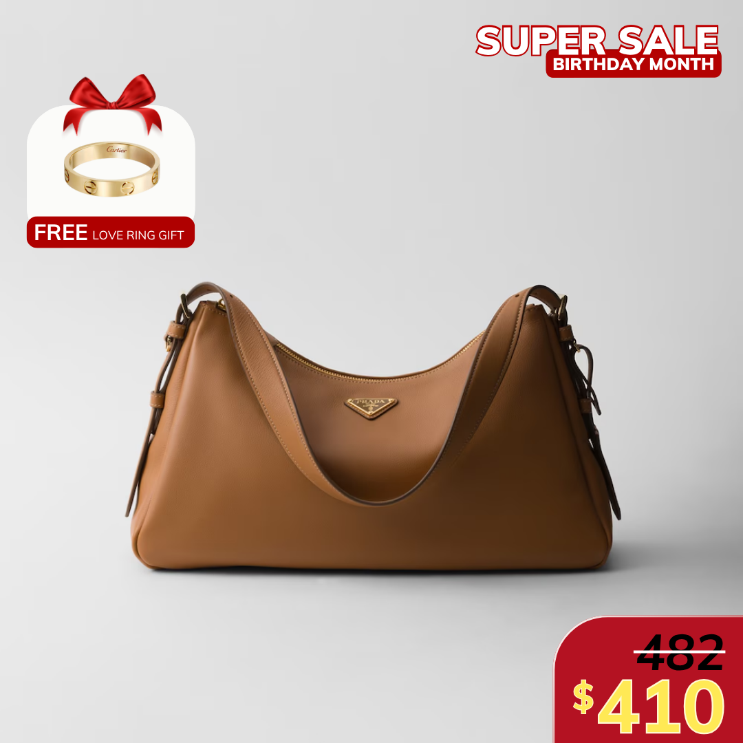 AIMÉE LARGE LEATHER SHOULDER BAG, CALFSKIN – CARAMEL
