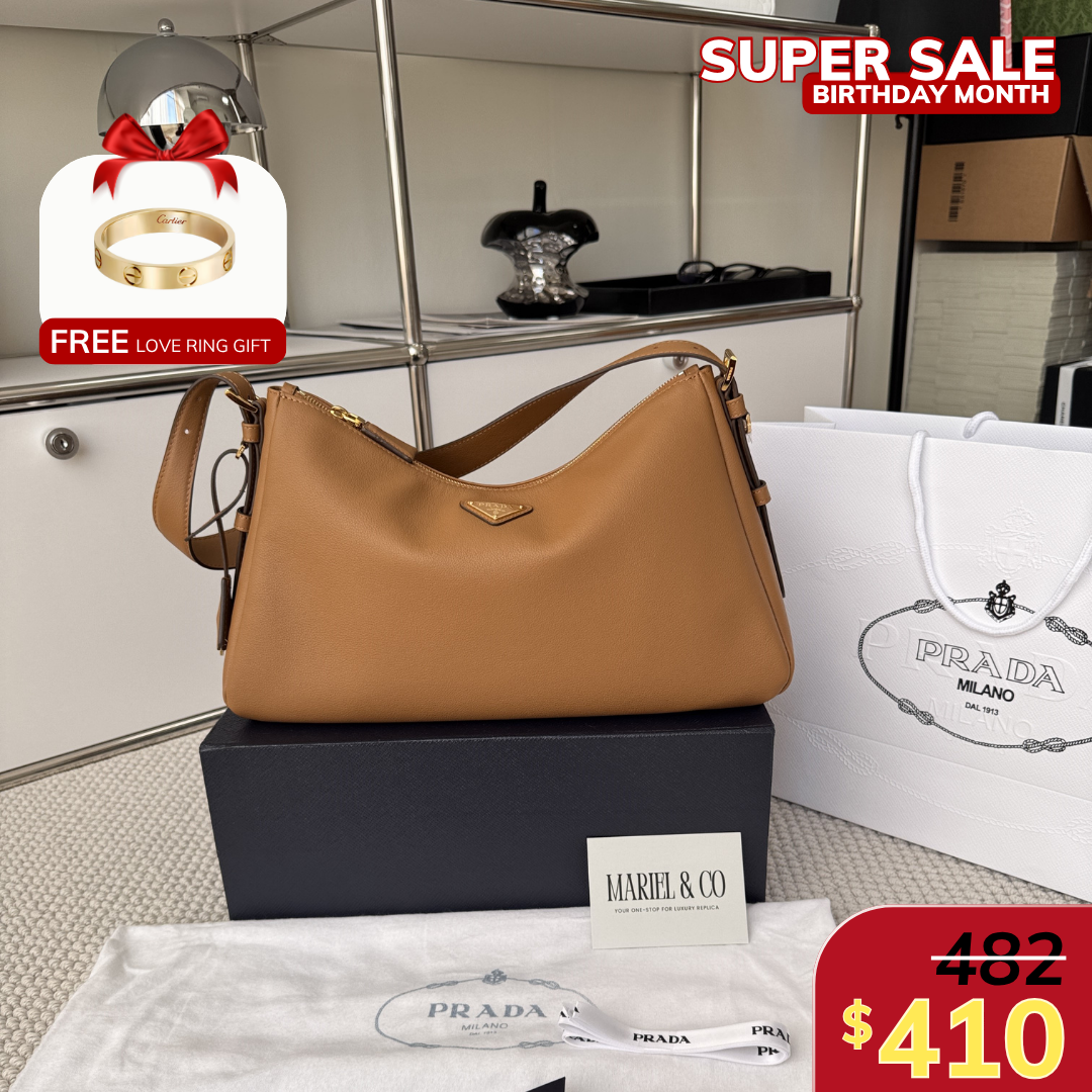AIMÉE LARGE LEATHER SHOULDER BAG, CALFSKIN – CARAMEL