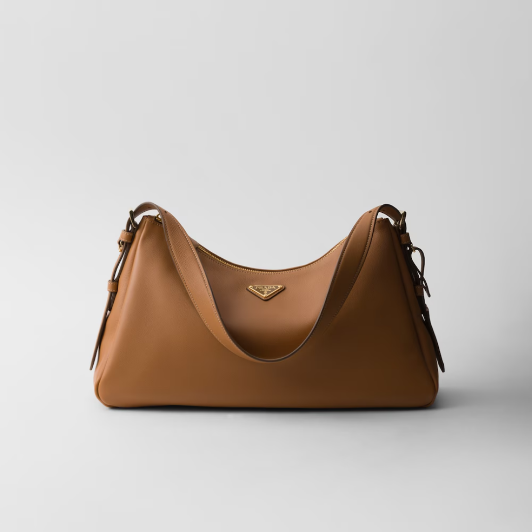 LARGE LEATHER SHOULDER BAG, CALFSKIN – CARAMEL
