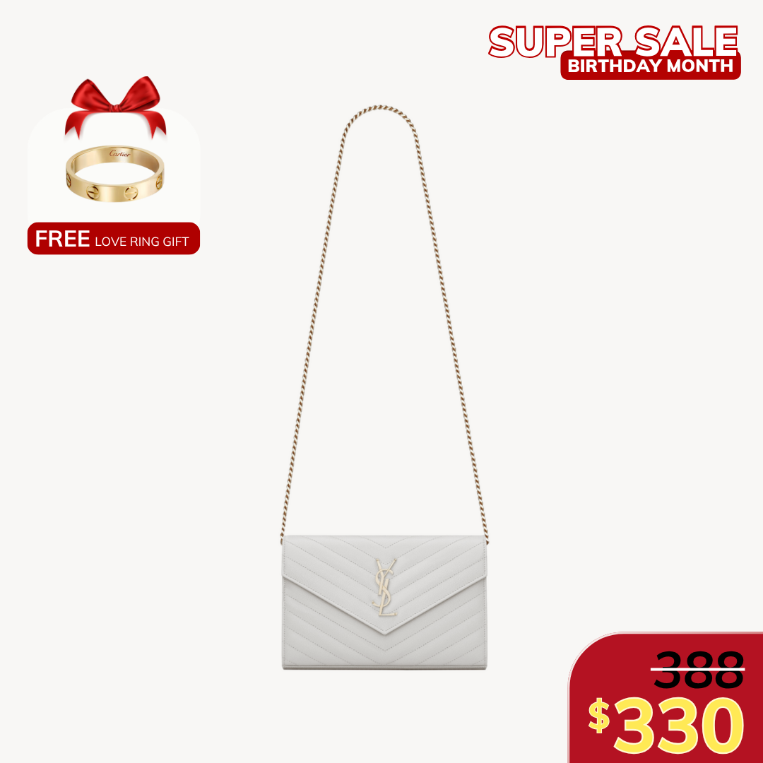 CLASSIC CASSANDRE CHAIN WALLET, GRAIN DE POUDRE LEATHER – WHITE ( SILVER )