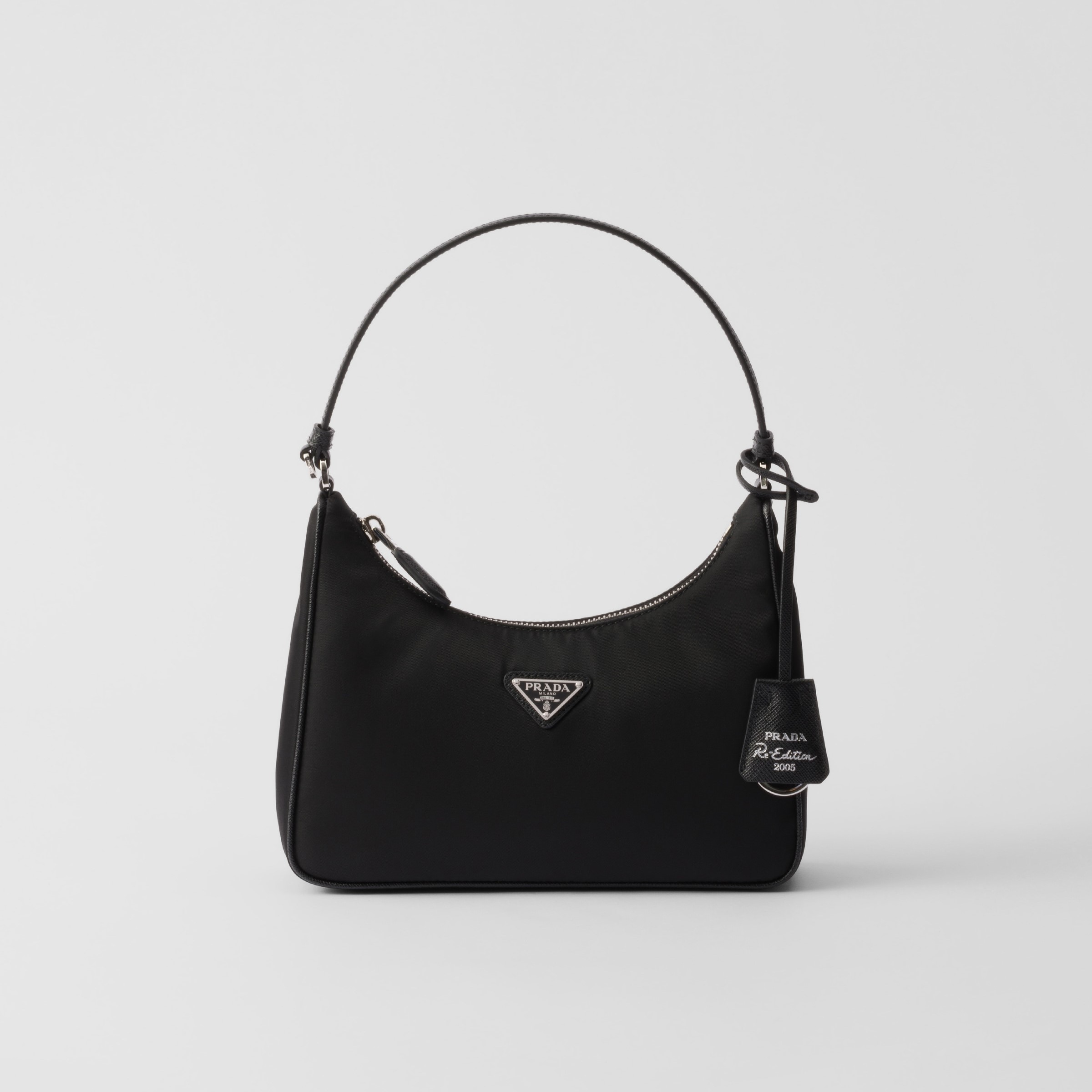 RE-NYLON AND SAFFIANO MINI BAG, RECYCLED POLYAMIDE – BLACK / SILVER