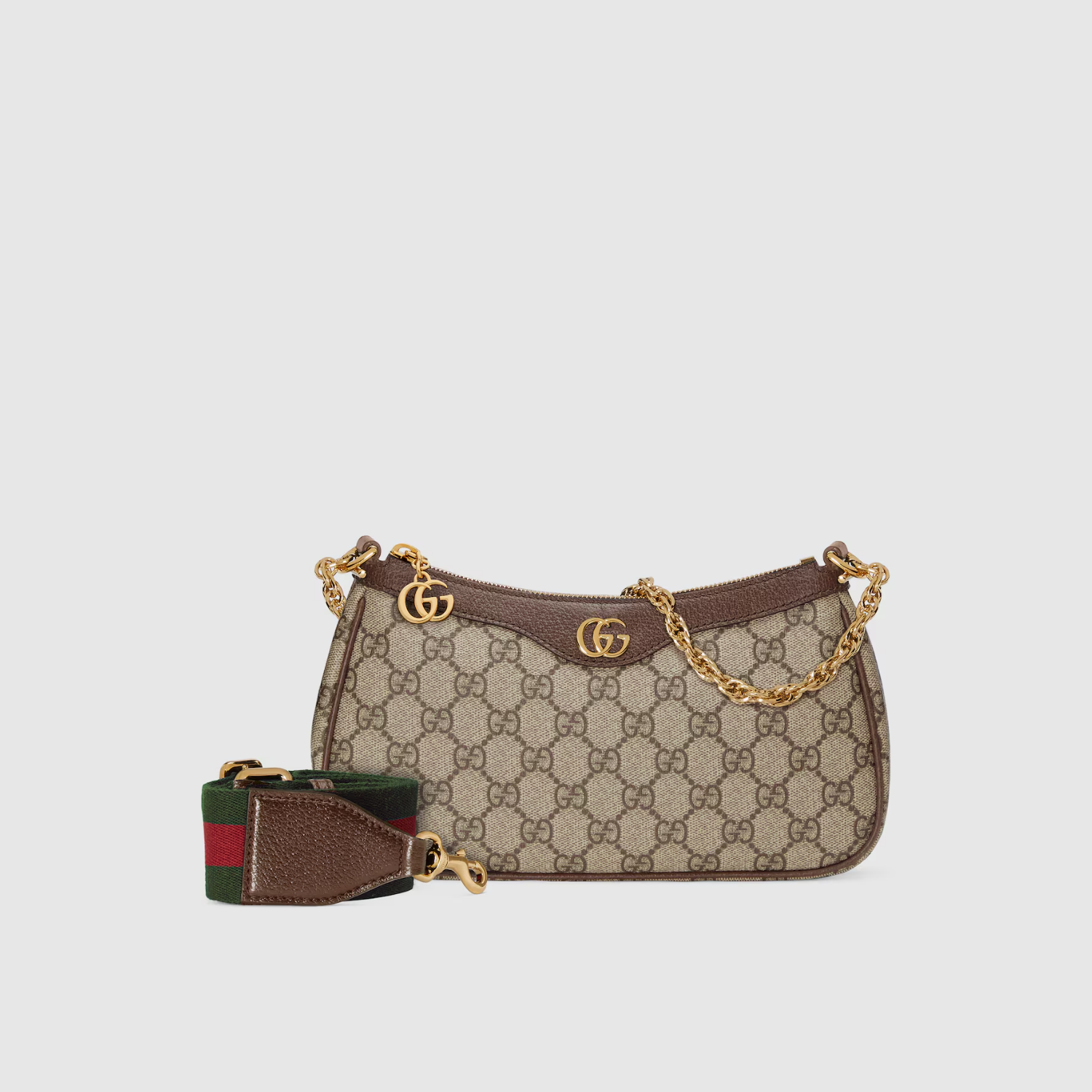 OPHIDIA SMALL SHOULDER BAG, SUEDE – BEIGE AND DARK BROWN