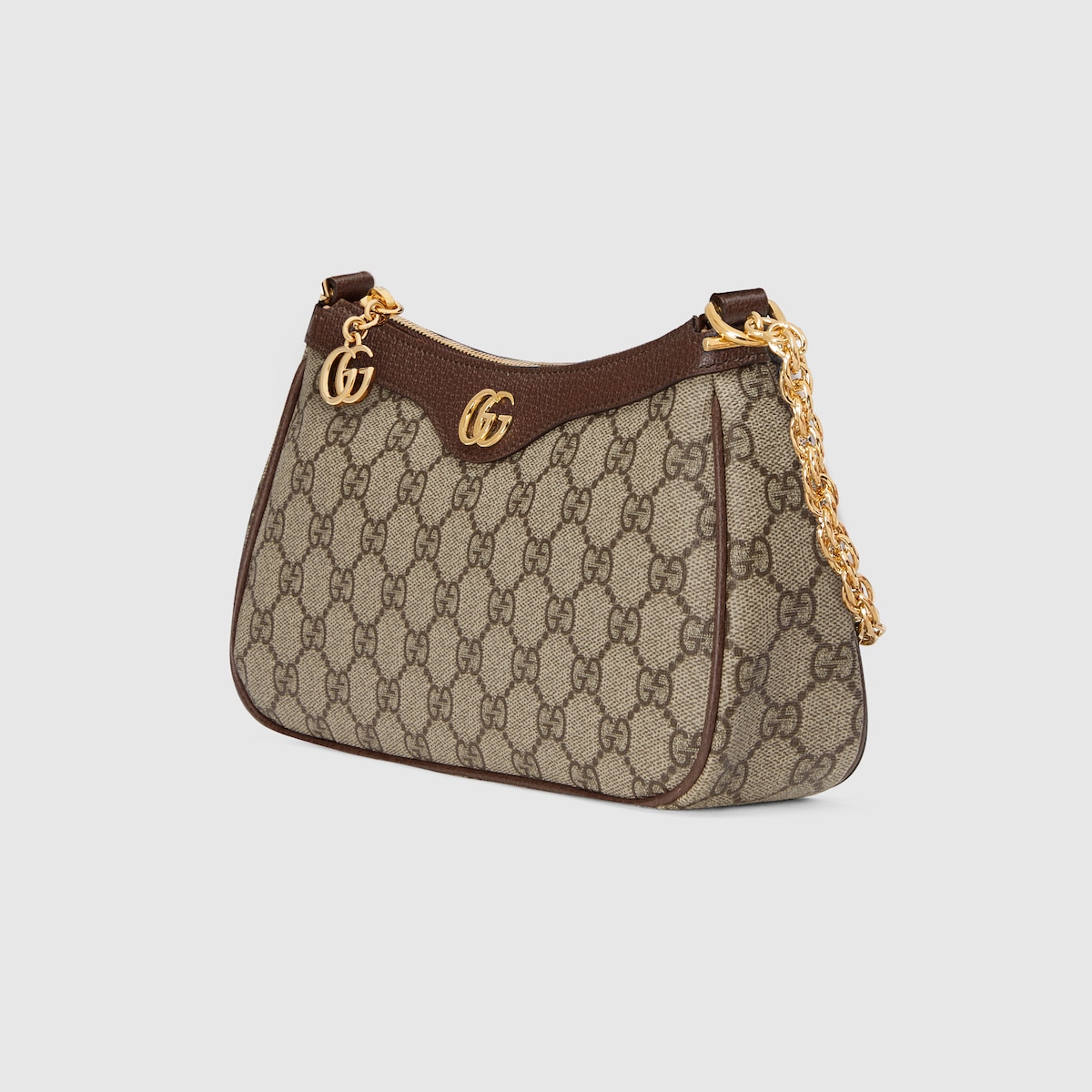 OPHIDIA SMALL SHOULDER BAG, SUEDE – BEIGE AND DARK BROWN
