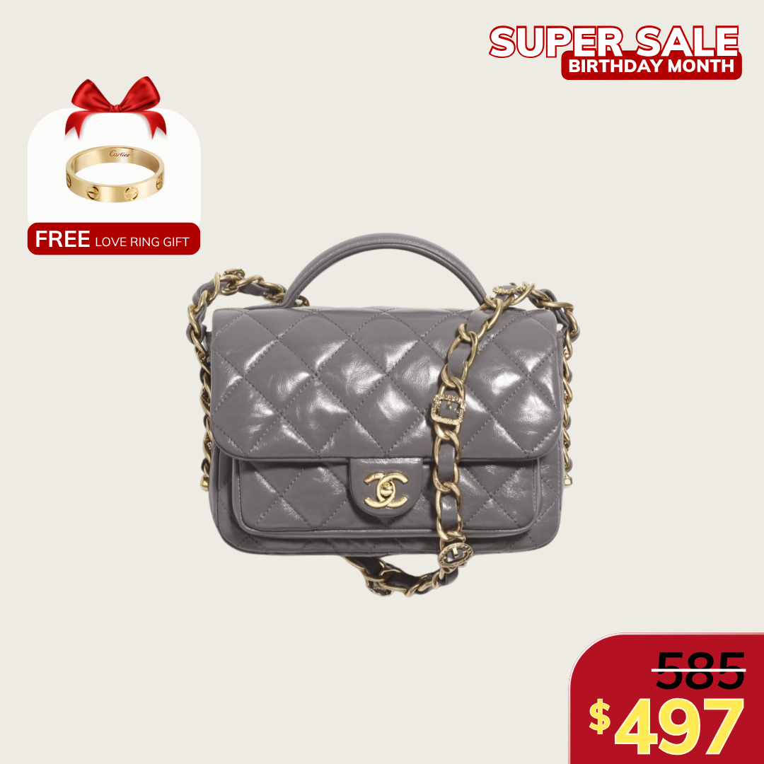 MINI FLAP BAG WITH TOP HANDLE, SHINY CALFSKIN – GRAY