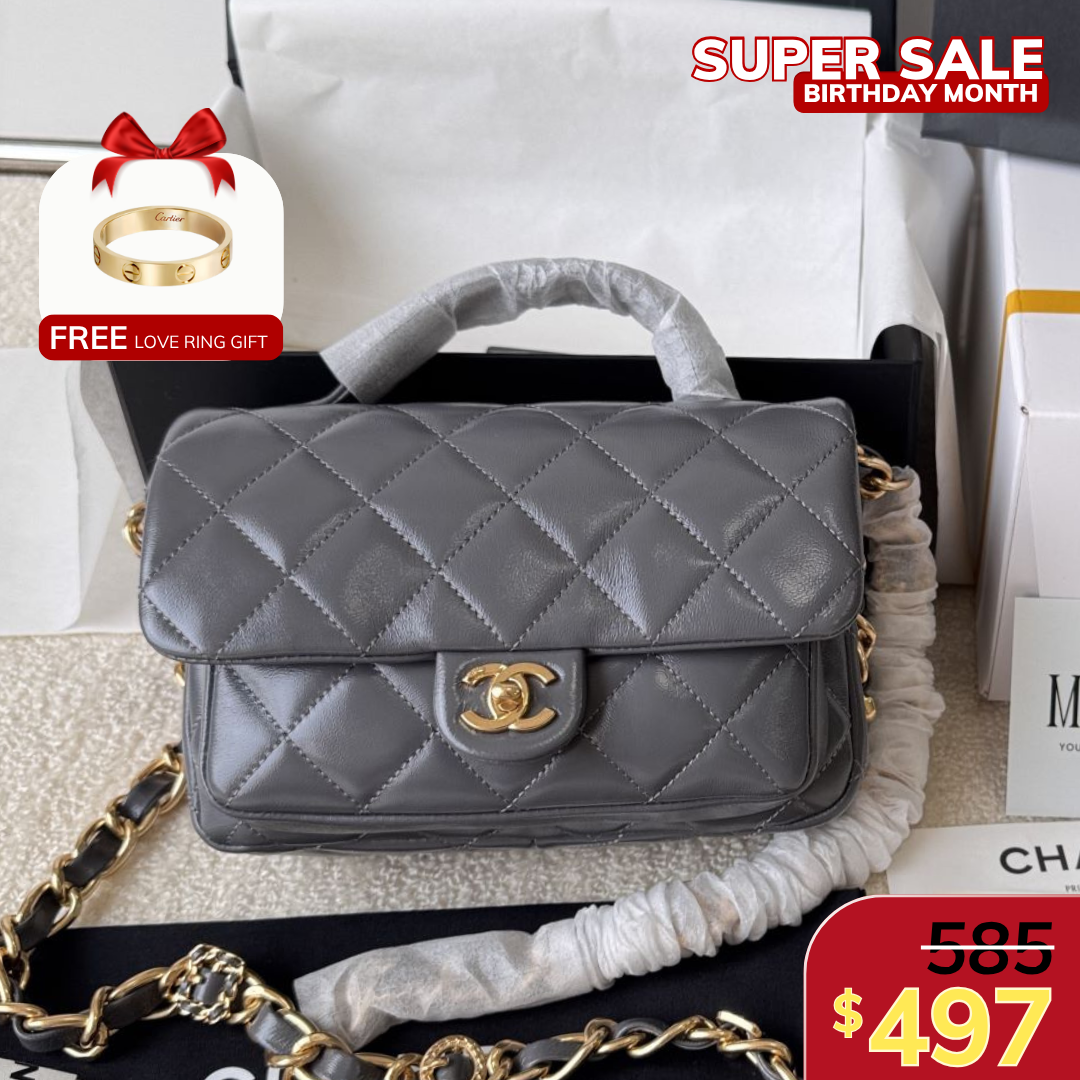 MINI FLAP BAG WITH TOP HANDLE, SHINY CALFSKIN – GRAY