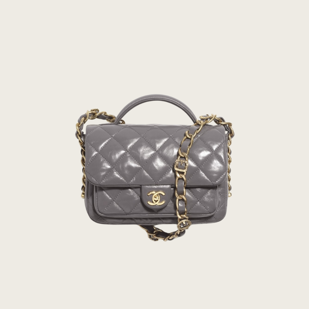 MINI FLAP BAG WITH TOP HANDLE, SHINY CALFSKIN – GRAY