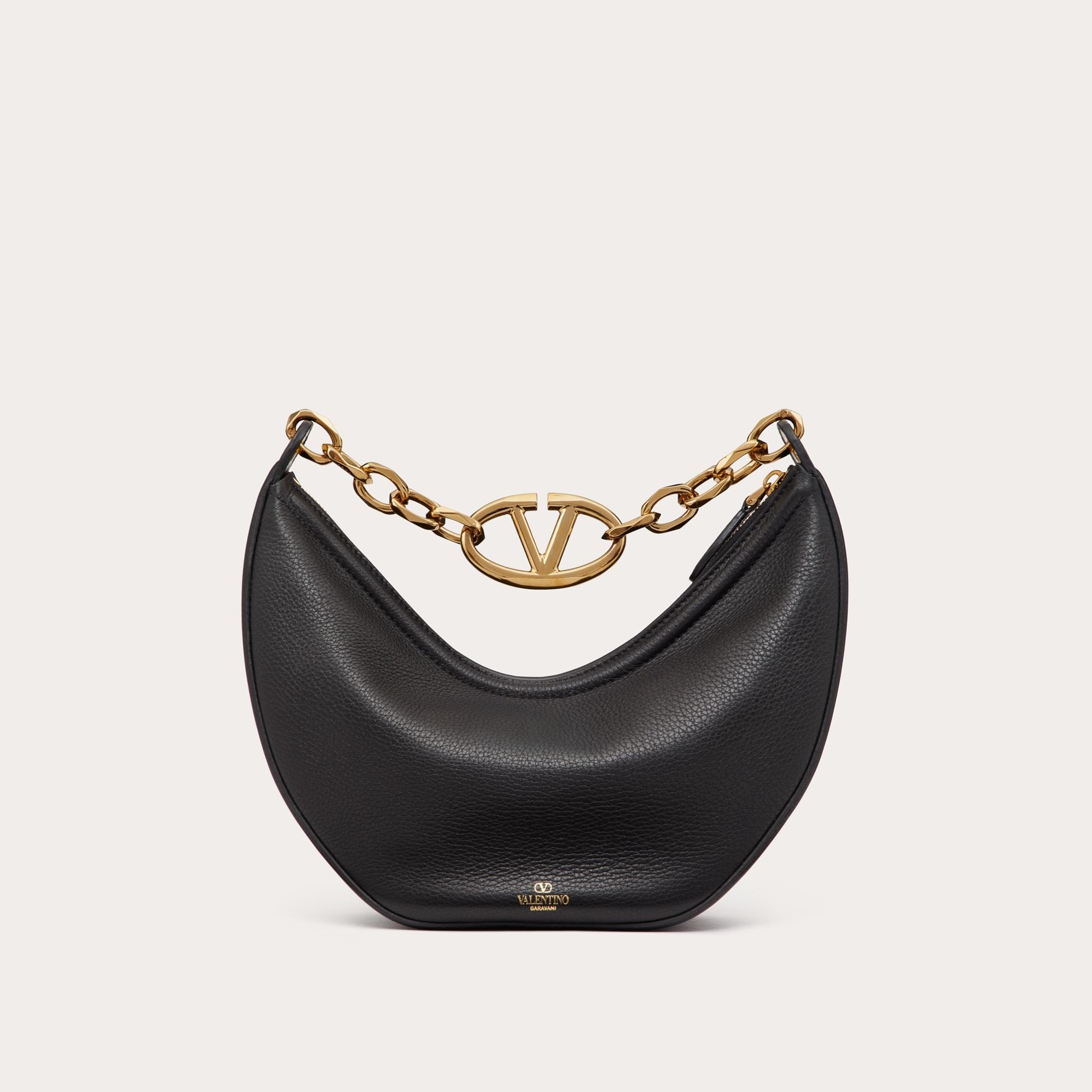 SMALL HOBO BAG WITH CHAIN, GRAINY CALFSKIN – BLACK