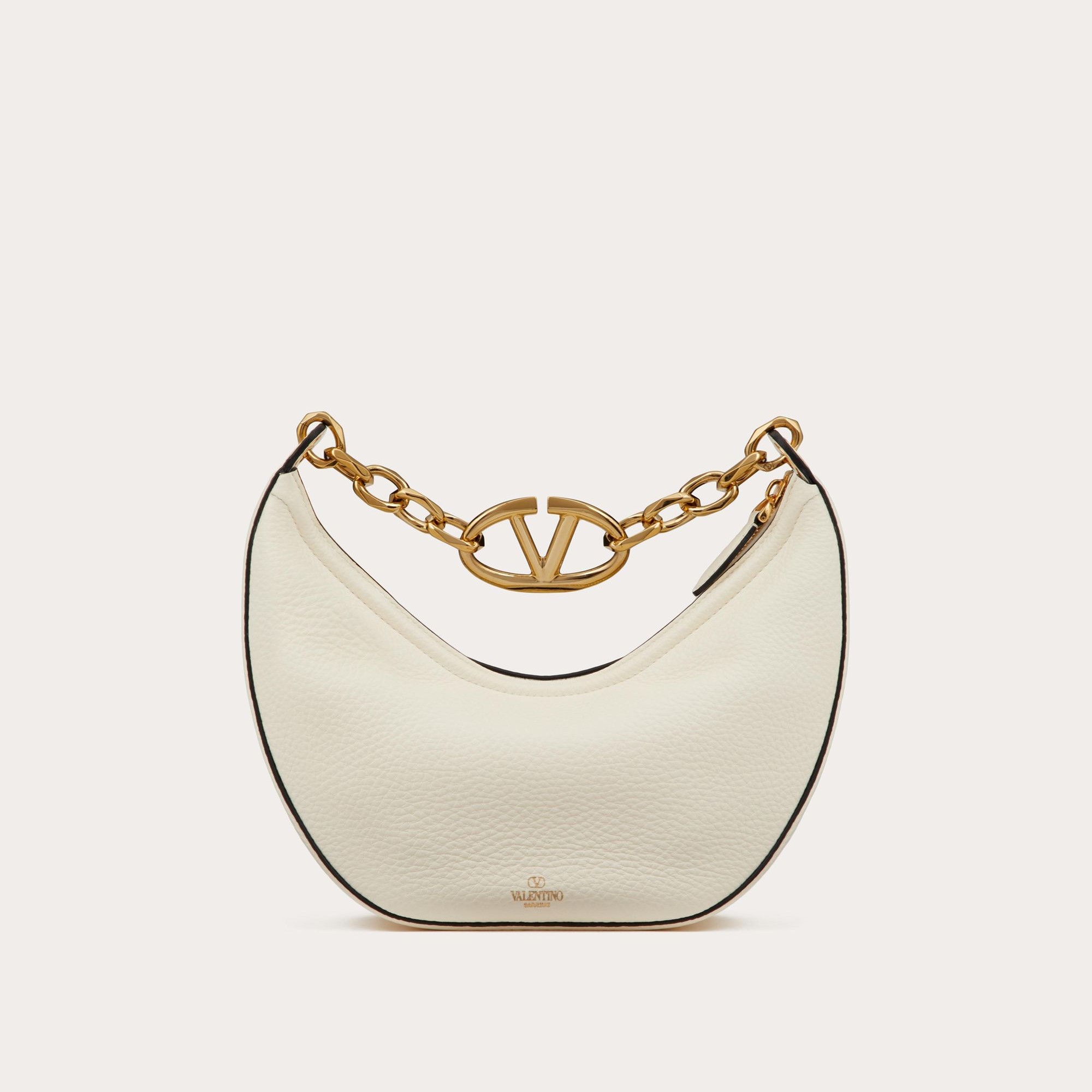 SMALL HOBO BAG WITH CHAIN, GRAINY CALFSKIN – IVORY