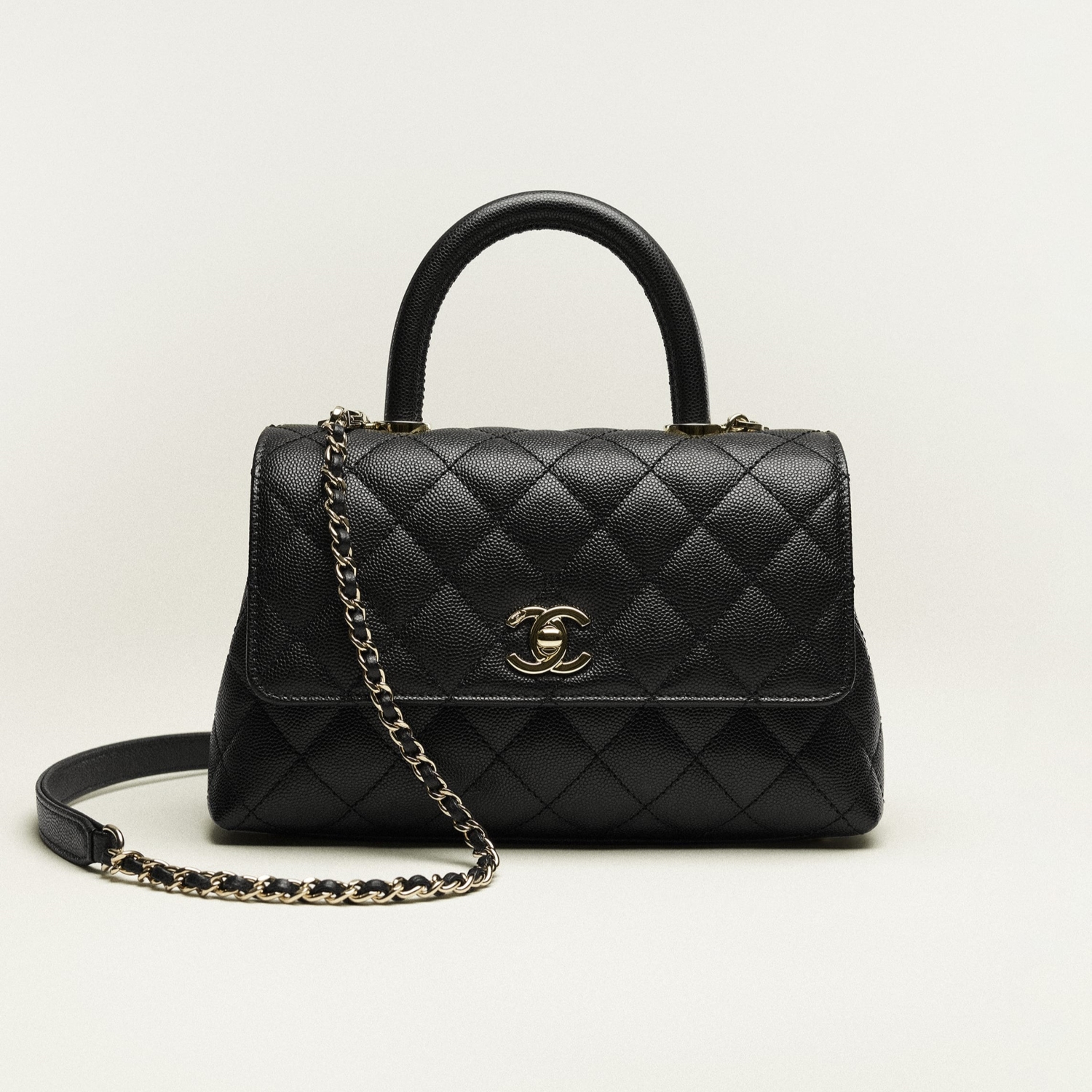 FLAP BAG WITH TOP HANDLE, GRAINED CALFSKIN – BLACK
