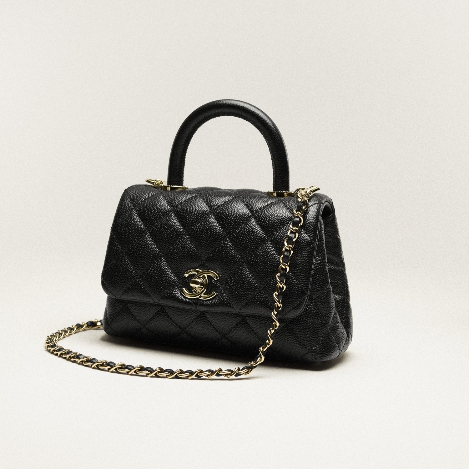MINI FLAP BAG WITH TOP HANDLE, GRAINED CALFSKIN – BLACK