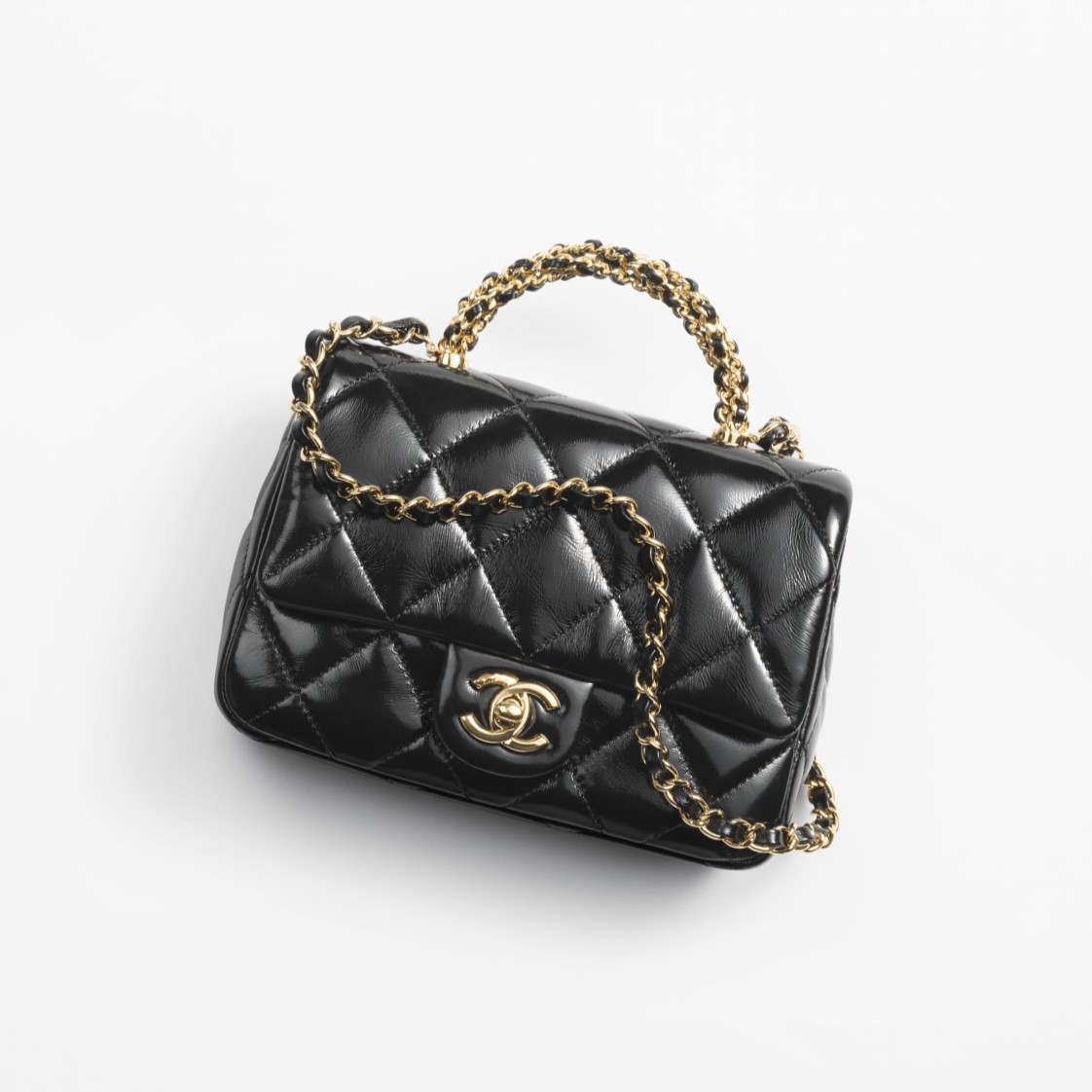 MINI FLAP BAG WITH TOP HANDLE, SHINY LAMBSKIN – BLACK