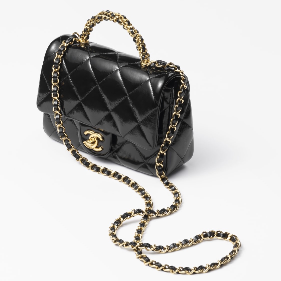 MINI FLAP BAG WITH TOP HANDLE, SHINY LAMBSKIN – BLACK