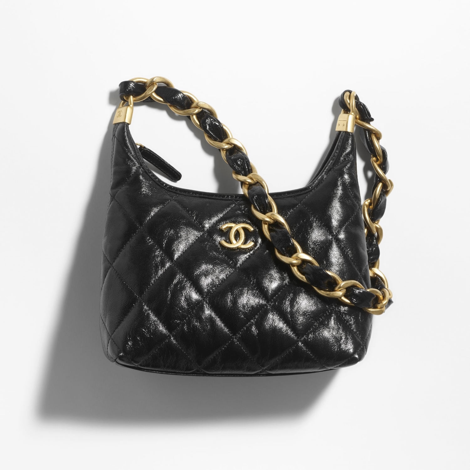 SMALL HOBO BAG, SHINY CRUMPLED LAMBSKIN – BLACK