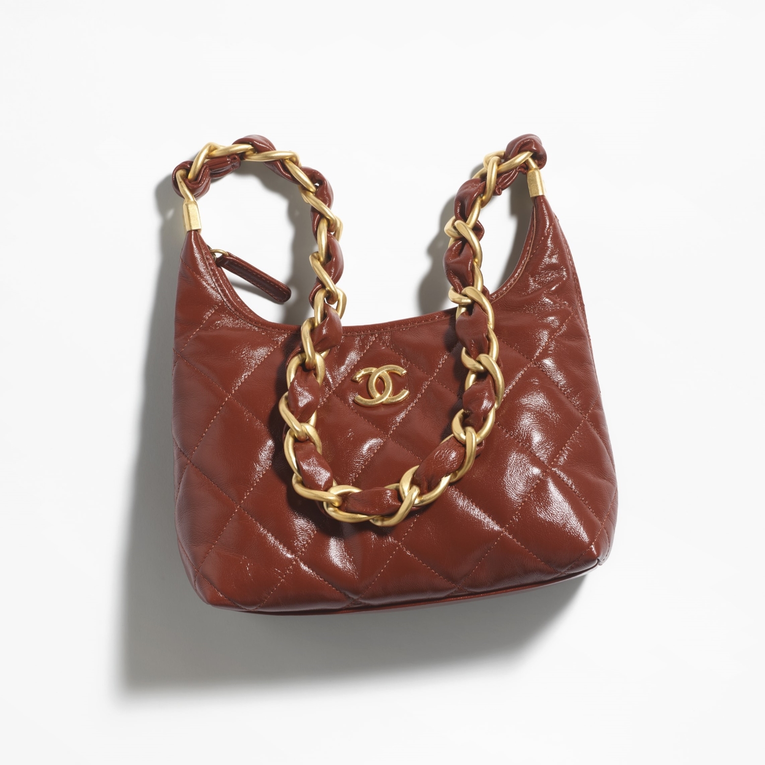 SMALL HOBO BAG, SHINY CRUMPLED LAMBSKIN – BROWN