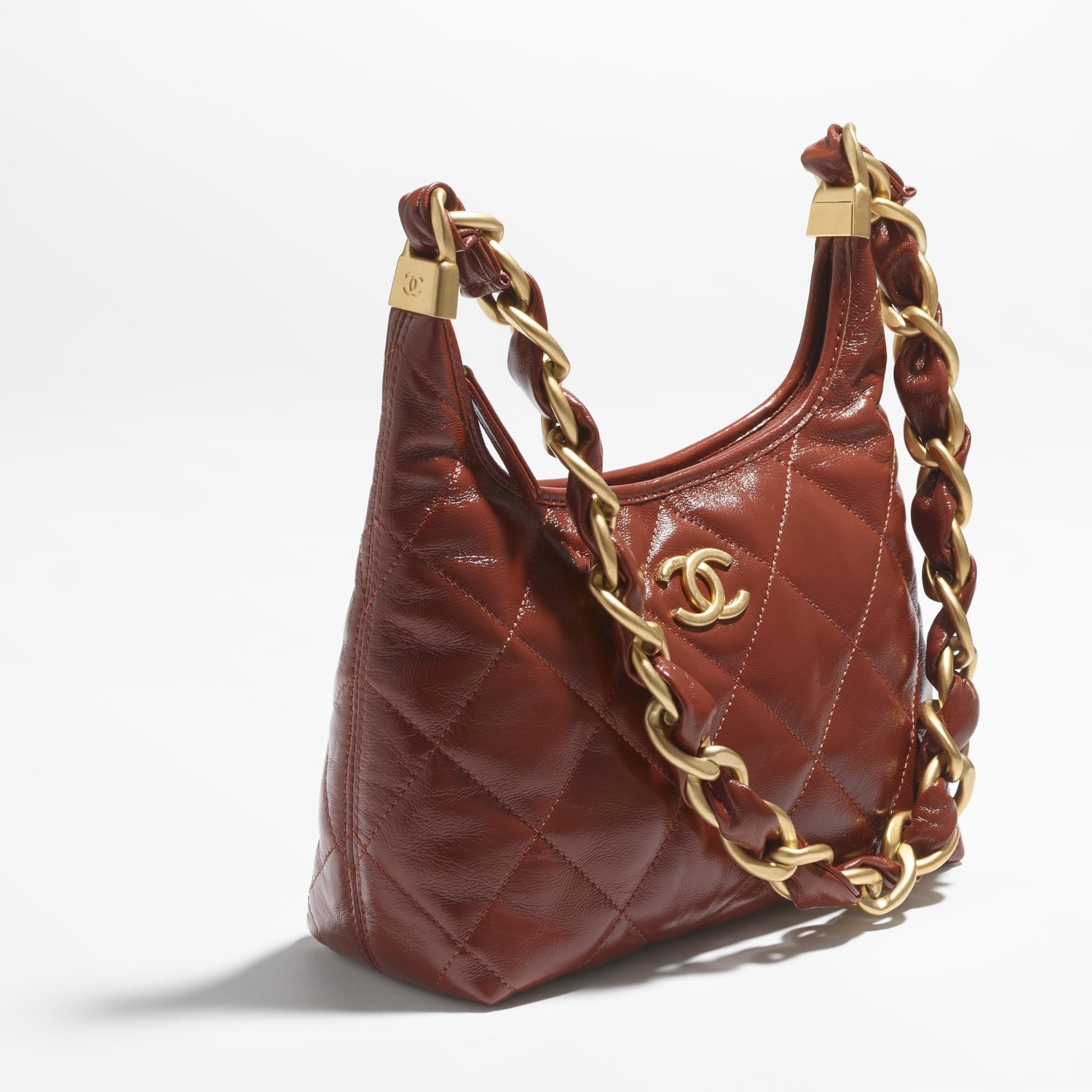 SMALL HOBO BAG, SHINY CRUMPLED LAMBSKIN – BROWN
