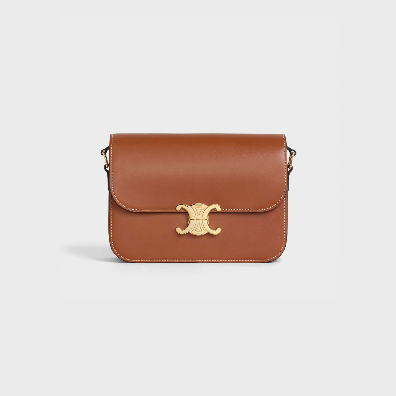 CLASSIC SHOULDER BAG, SHINY CALFSKIN – TAN