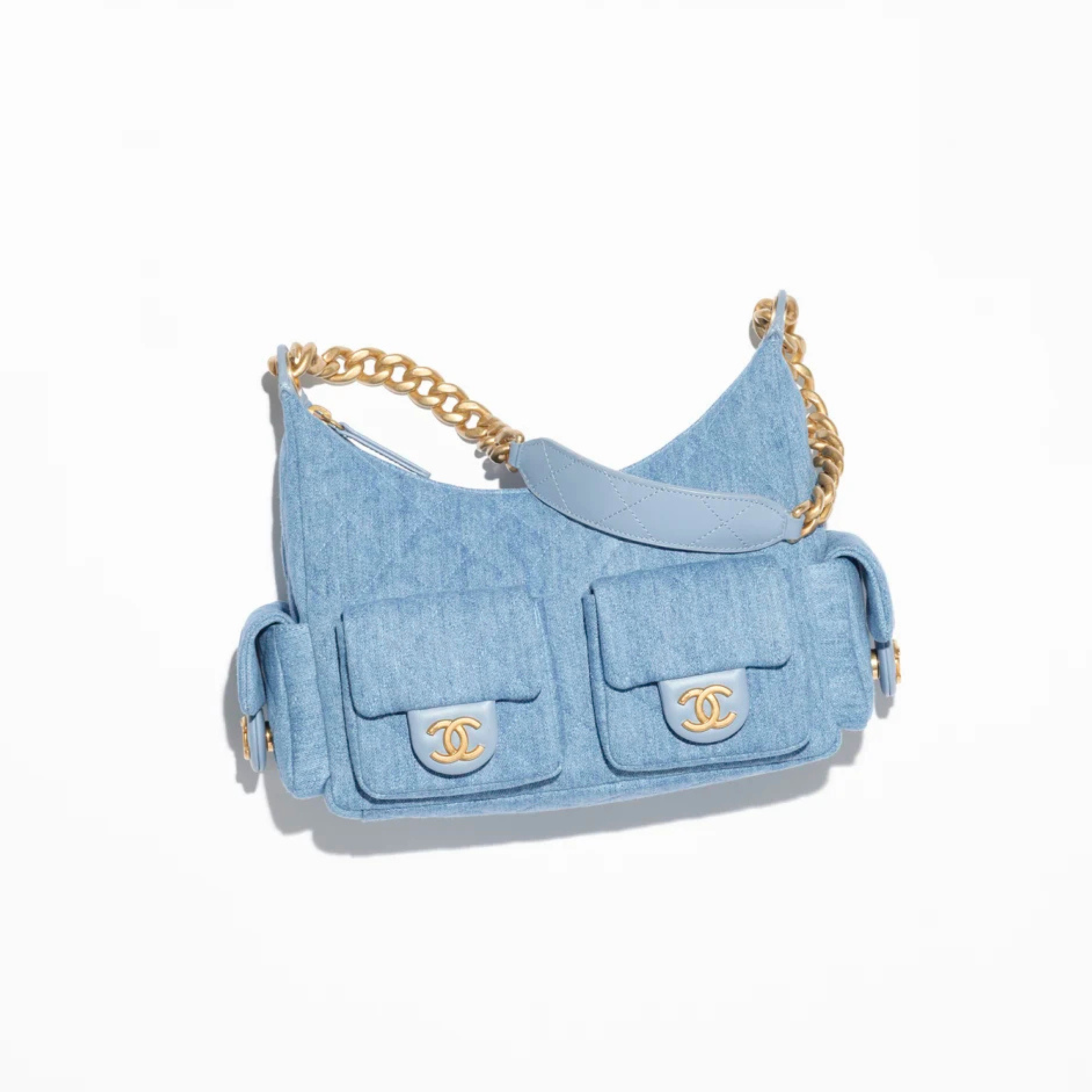 LARGE HOBO BAG, WASHED DENIM – BLUE
