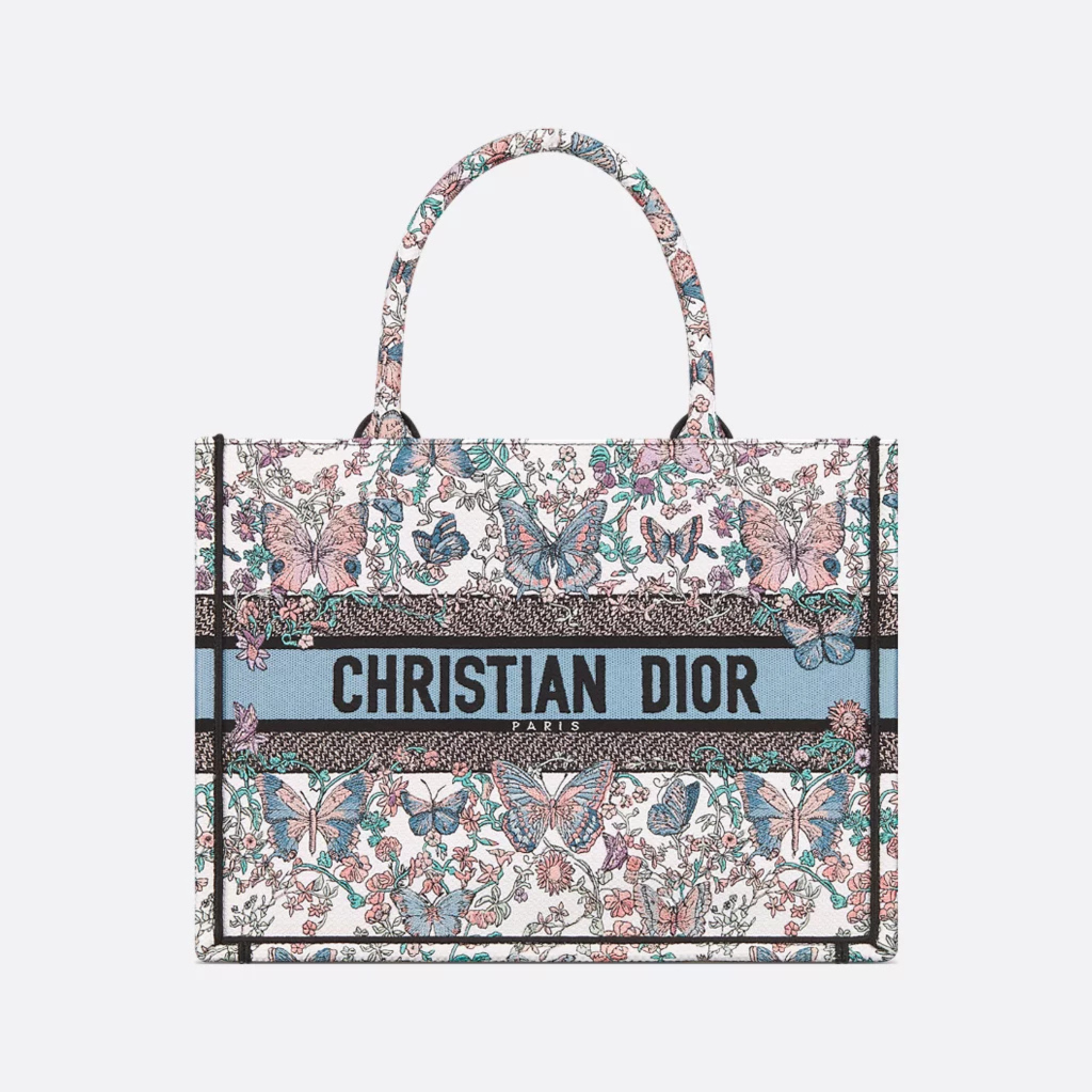 MEDIUM BOOK TOTE, COTTON – WHITE AND BLUE TOILE DE JOUY PAPILLON EMBROIDERY