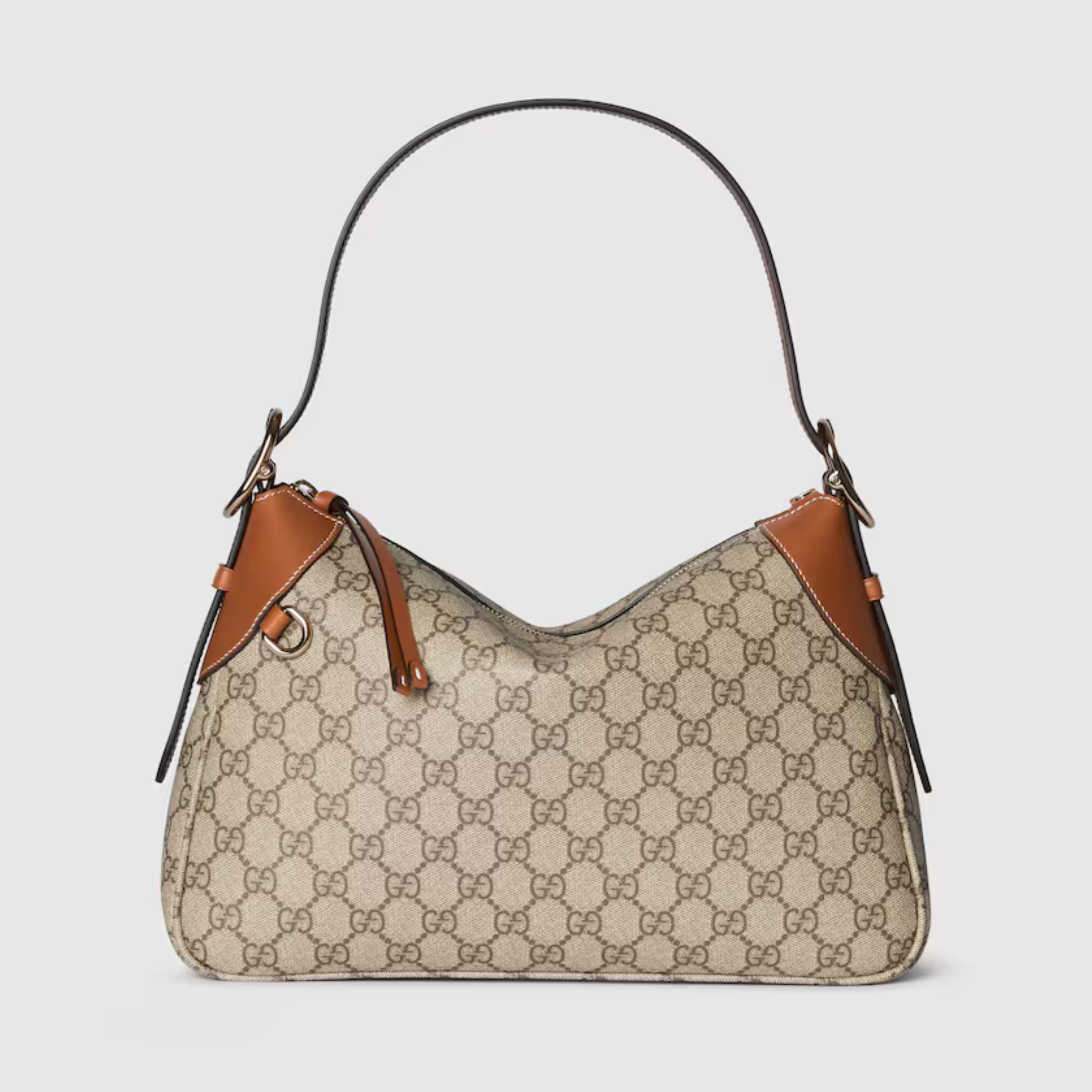 EMBLEM MEDIUM SHOULDER BAG, MONOGRAM COATED FABRIC – BEIGE AND DARK BROWN