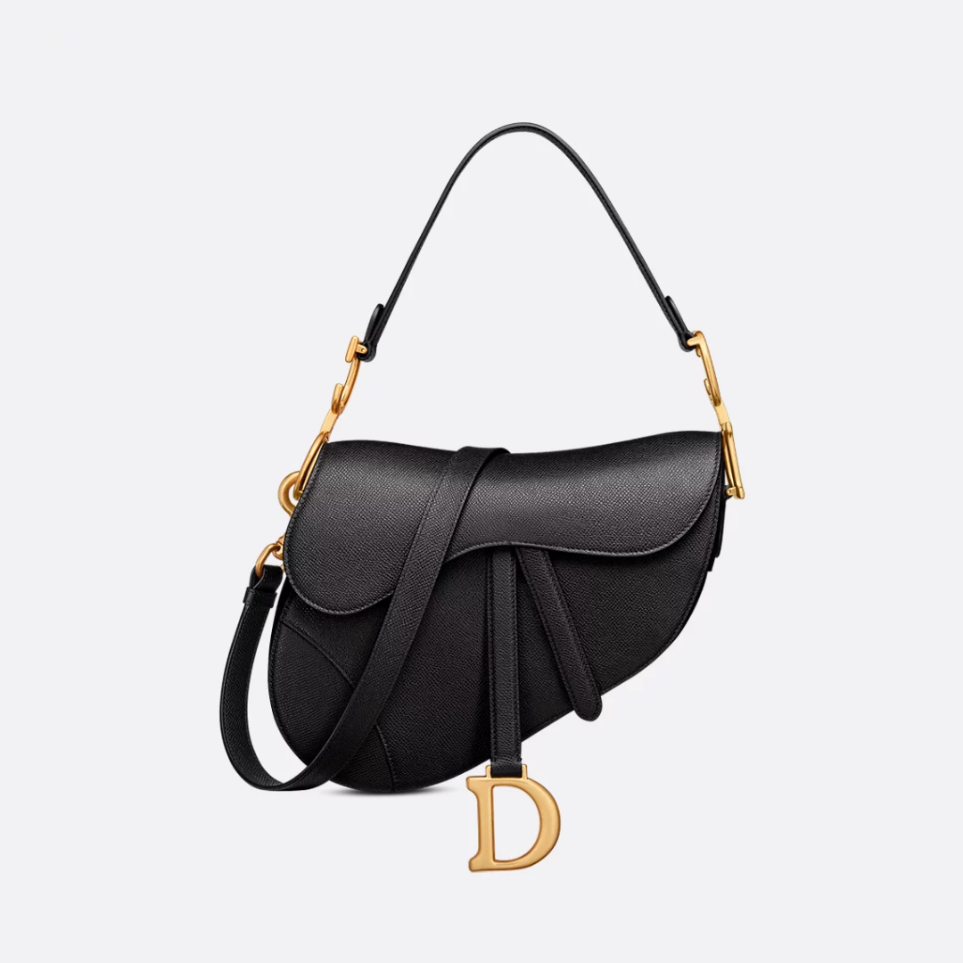 SADDLE BAG WITH STRAP, GRAINED CALFSKIN – BLACK