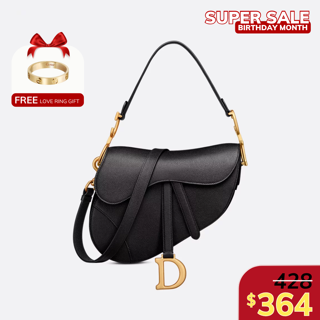[CD] SADDLE BAG WITH STRAP, GRAINED CALFSKIN – BLACK