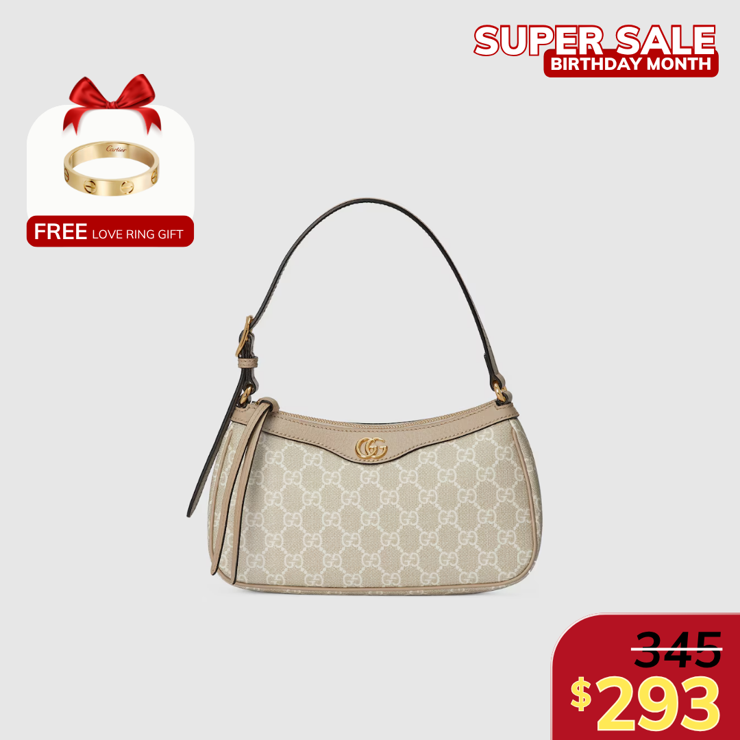 [GG] OPHIDIA SMALL SHOULDER BAG, OATMEAL LEATHER TRIM – BEIGE AND WHITE