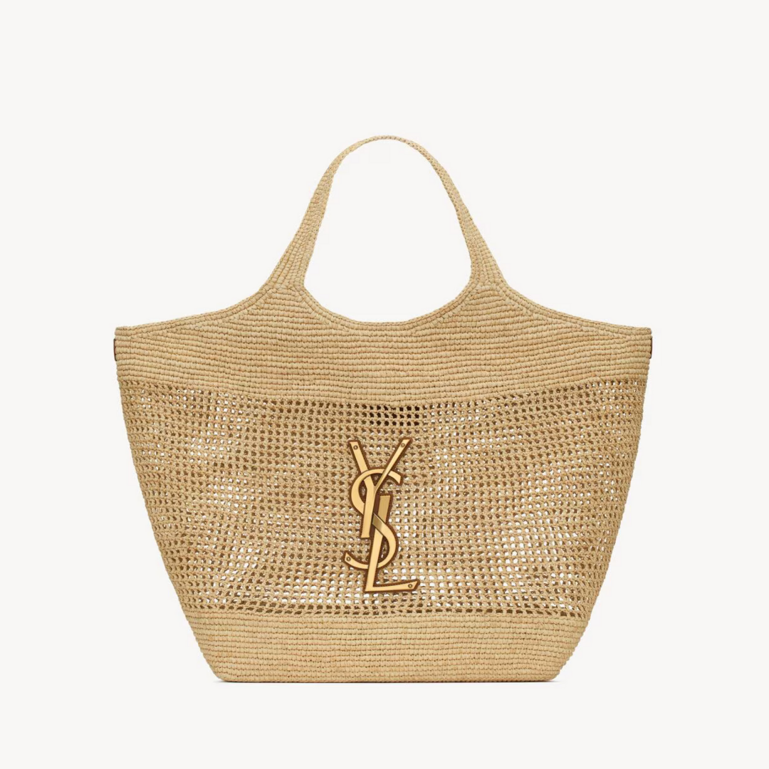 TOTE BAG, RAFFIA – NATUREL AND BROWN GOLD