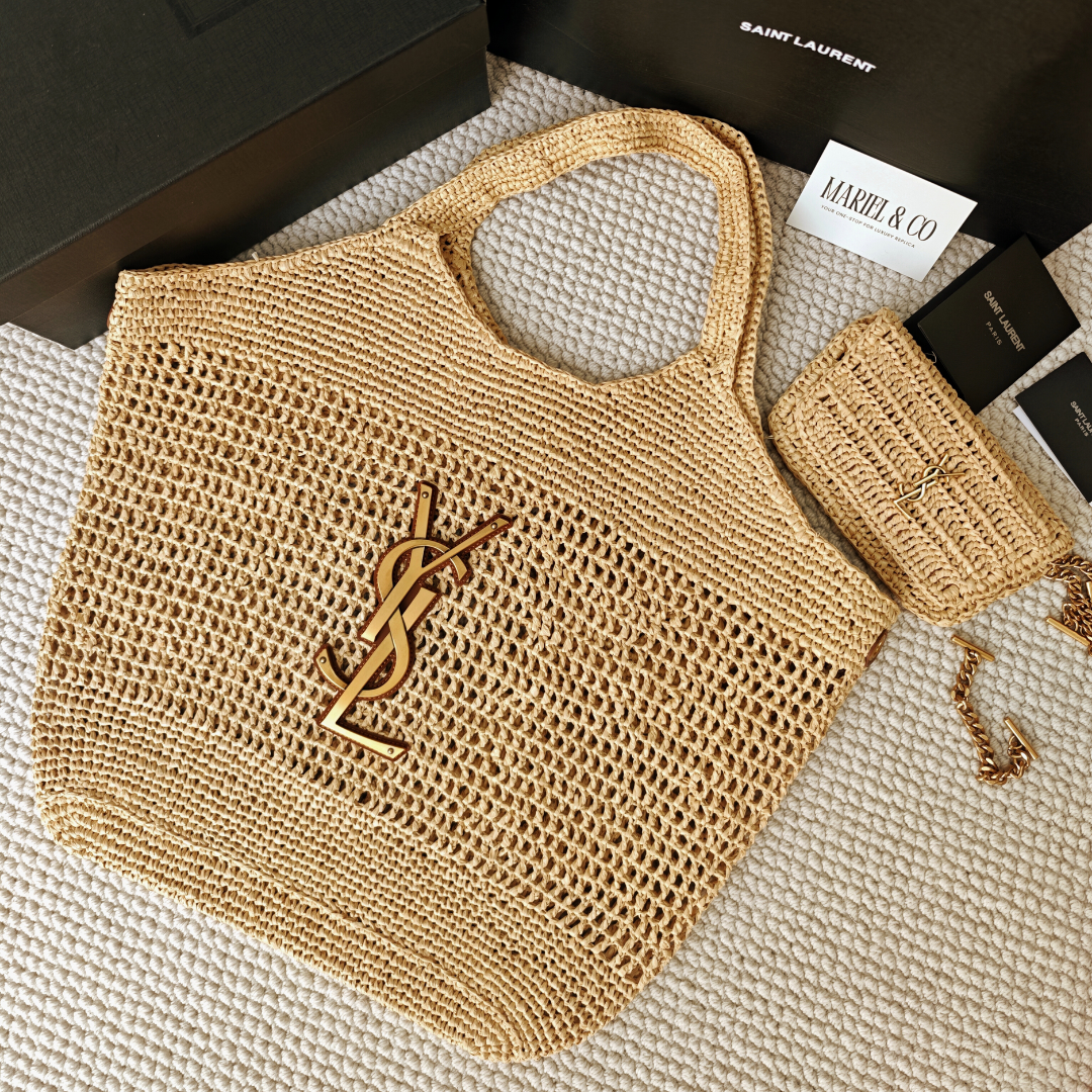 TOTE BAG, RAFFIA – NATUREL AND BROWN GOLD